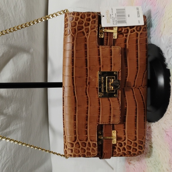 NWT Michael Kors Astrid Walnut XL Genuine Leather Clutch W Chain Strap - Picture 2 of 12